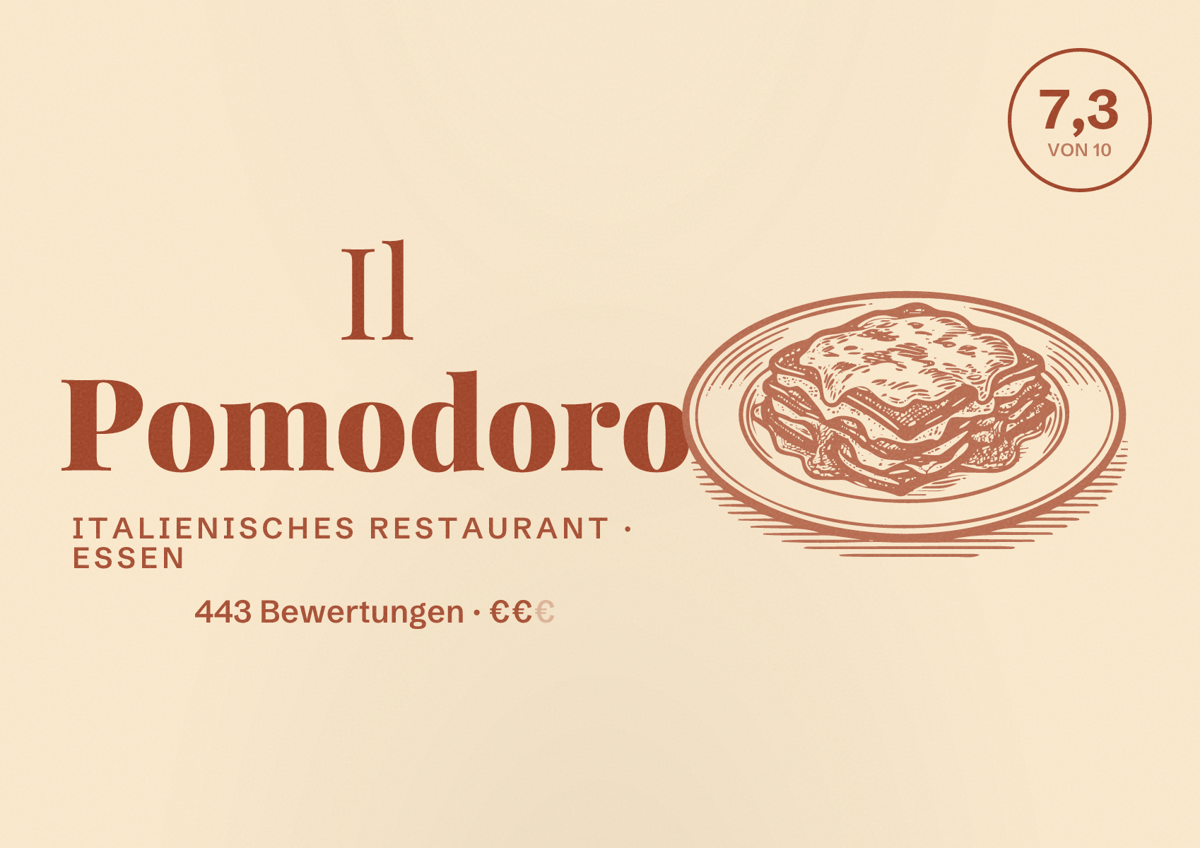 Illustriertes Poster von Il Pomodoro, Italienisches Restaurant in Essen: Bewertung 7,3 von 10 aus 443 Bewertungen, Preisniveau €€
