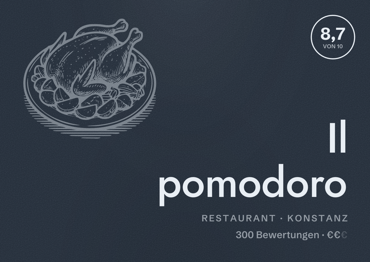 Illustriertes Poster von Il pomodoro, Restaurant in Konstanz: Bewertung 8,7 von 10 aus 300 Bewertungen, Preisniveau €€