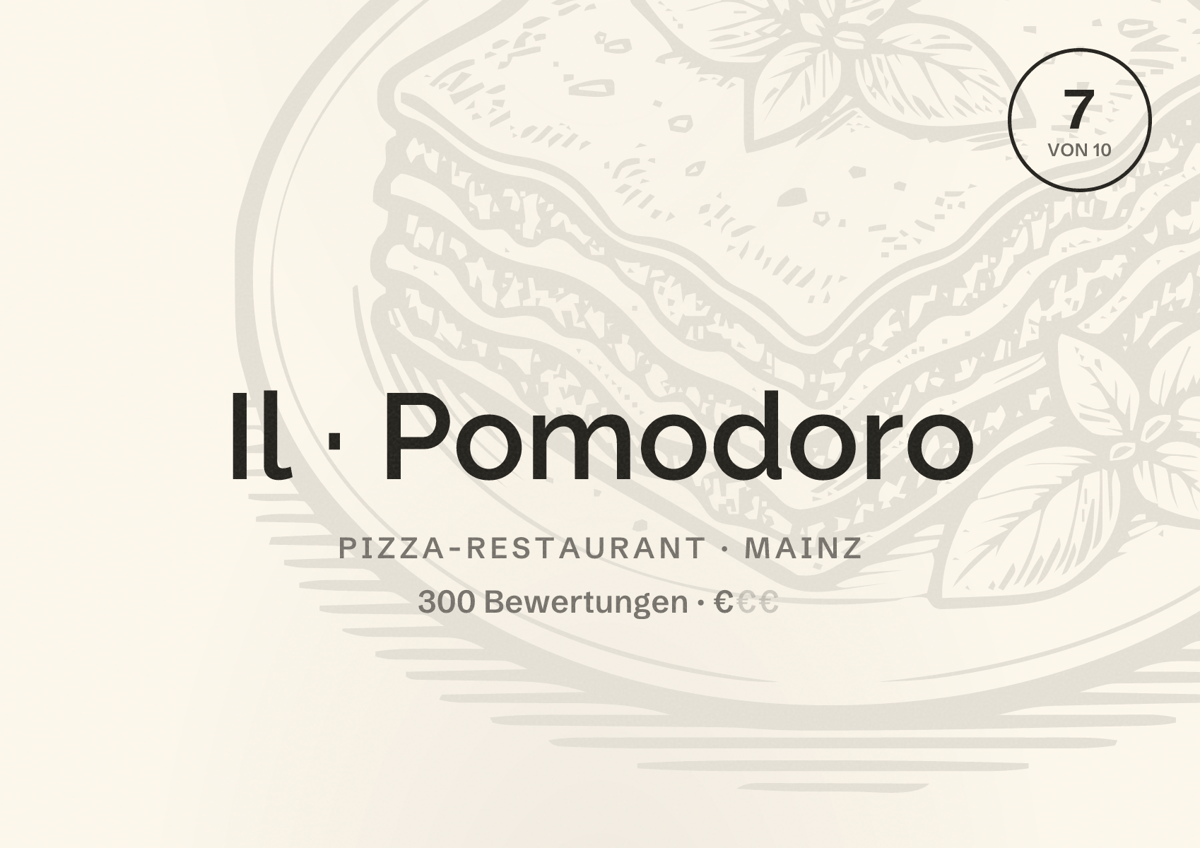 Illustriertes Poster von Il Pomodoro, Pizza-Restaurant in Mainz: Bewertung 7 von 10 aus 300 Bewertungen, Preisniveau €
