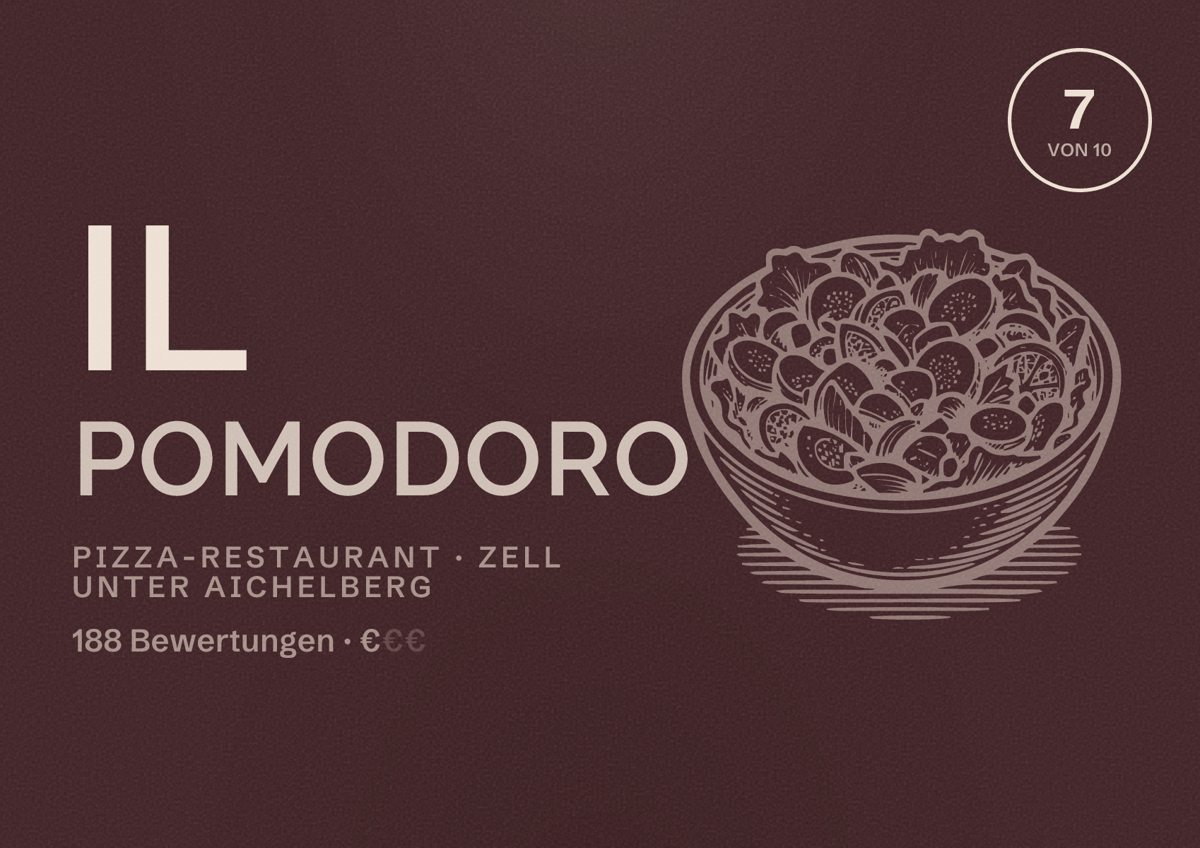 Illustriertes Poster von Il Pomodoro, Pizza-Restaurant in Zell unter Aichelberg: Bewertung 7 von 10 aus 188 Bewertungen, Preisniveau €