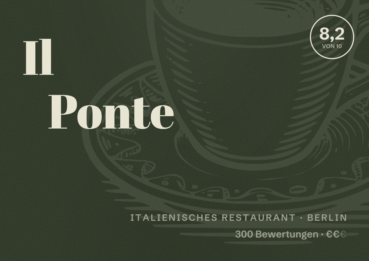 Illustriertes Poster von Il Ponte, Italienisches Restaurant in Berlin: Bewertung 8,2 von 10 aus 300 Bewertungen, Preisniveau €€