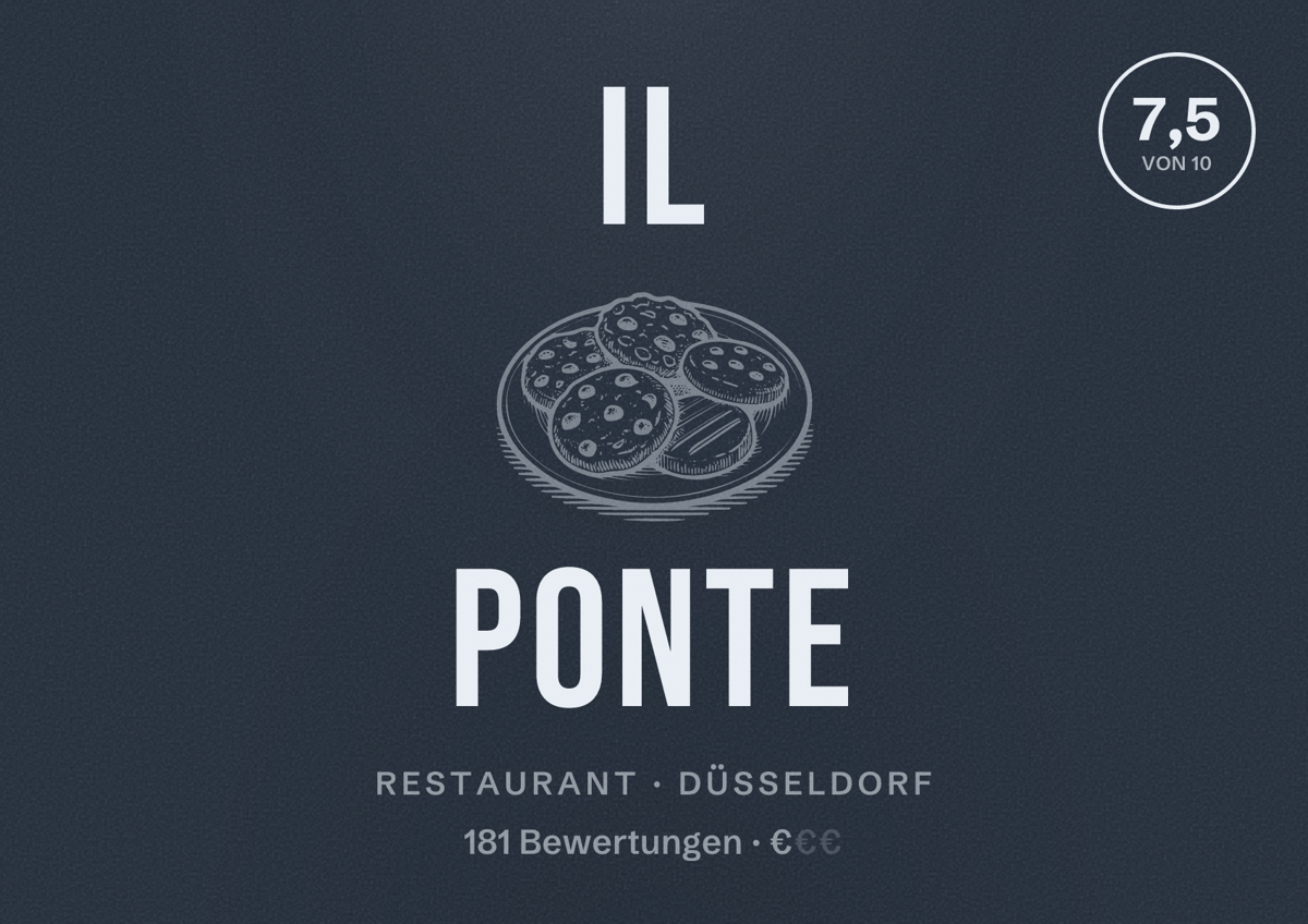 Illustriertes Poster von Il Ponte, Restaurant in Düsseldorf: Bewertung 7,5 von 10 aus 181 Bewertungen, Preisniveau €