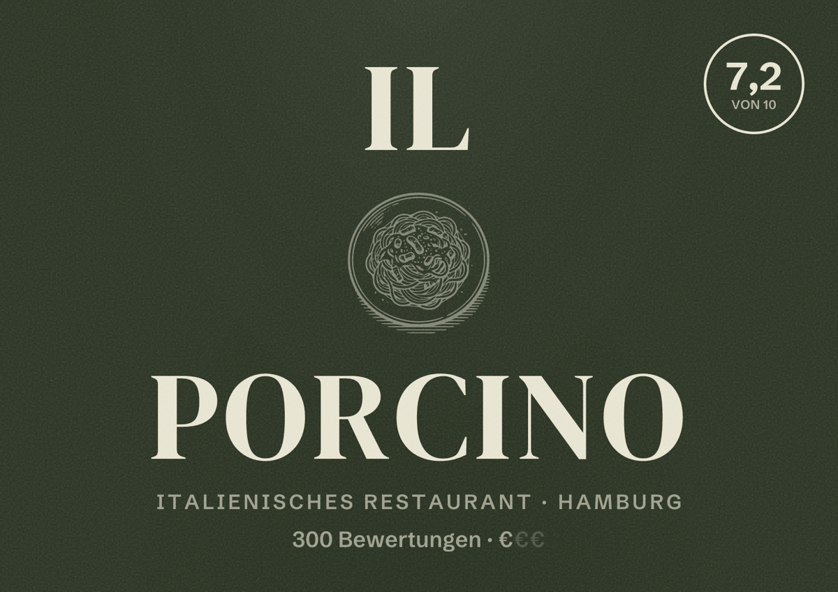 Illustriertes Poster von Il Porcino, Italienisches Restaurant in Hamburg: Bewertung 7,2 von 10 aus 300 Bewertungen, Preisniveau €