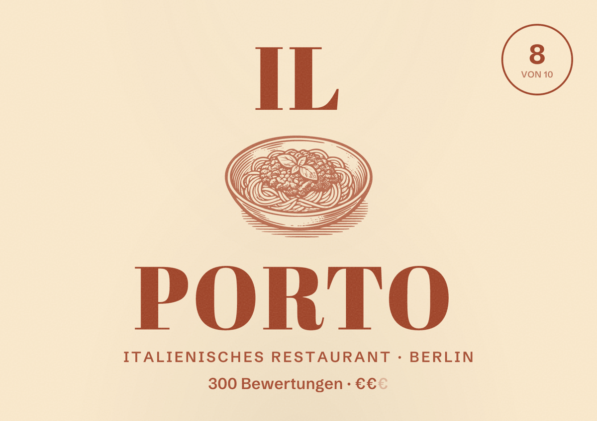 Illustriertes Poster von Il Porto, Italienisches Restaurant in Berlin: Bewertung 8,0 von 10 aus 300 Bewertungen, Preisniveau €€