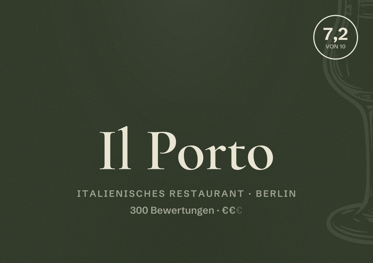 Illustriertes Poster von Il Porto, Italienisches Restaurant in Berlin: Bewertung 7,2 von 10 aus 300 Bewertungen, Preisniveau €€