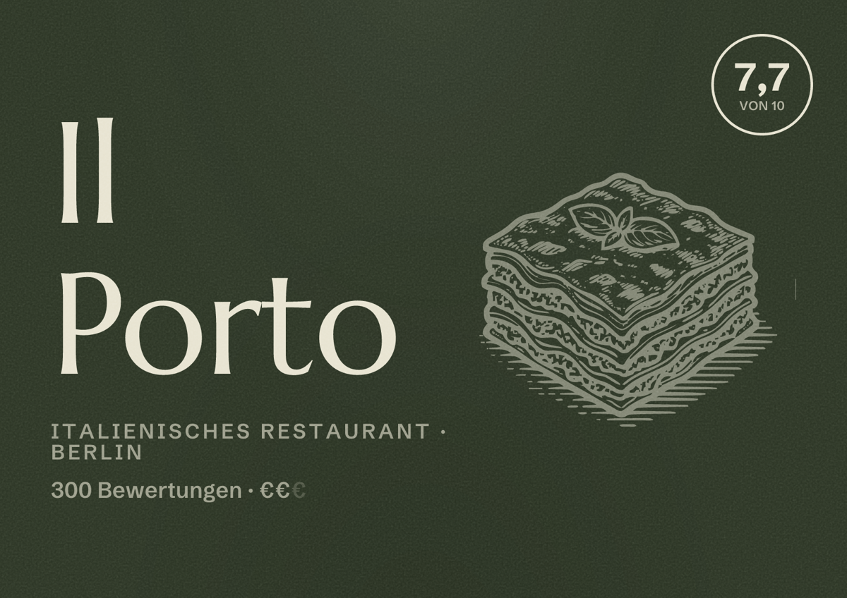 Illustriertes Poster von Il Porto, Italienisches Restaurant in Berlin: Bewertung 7,7 von 10 aus 300 Bewertungen, Preisniveau €€