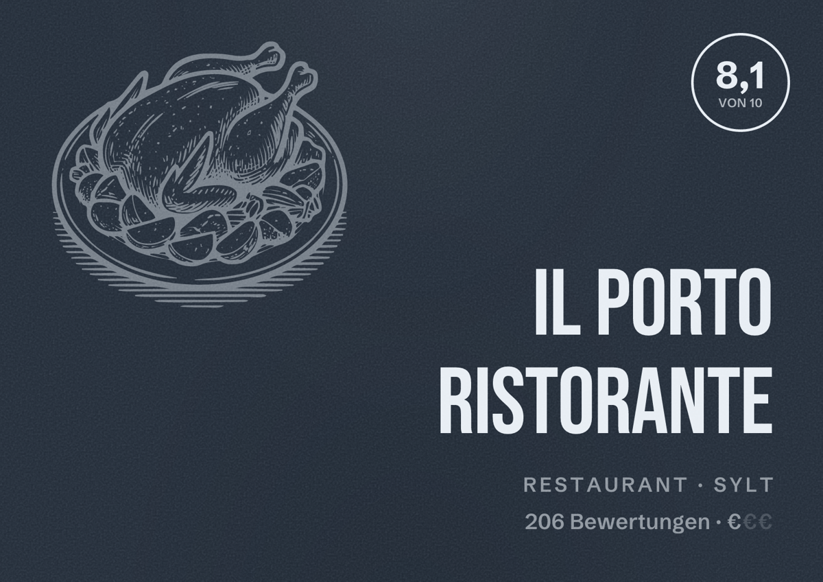 Illustriertes Poster von Il Porto Ristorante, Restaurant in Sylt: Bewertung 8,1 von 10 aus 206 Bewertungen, Preisniveau €