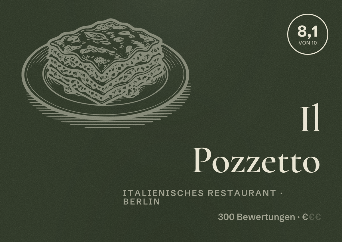 Illustriertes Poster von Il Pozzetto, Italienisches Restaurant in Berlin: Bewertung 8,1 von 10 aus 300 Bewertungen, Preisniveau €