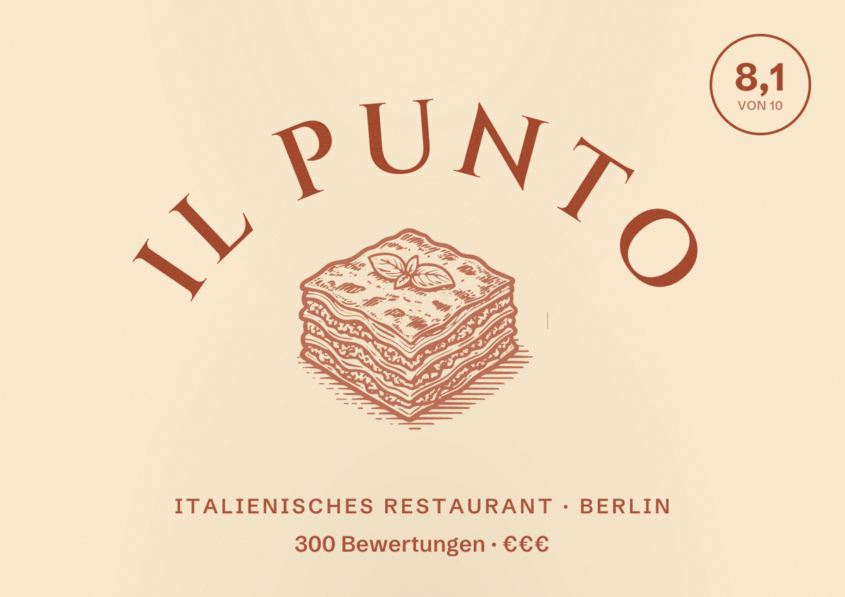 Illustriertes Poster von Il Punto, Italienisches Restaurant in Berlin: Bewertung 8,1 von 10 aus 300 Bewertungen, Preisniveau €€€