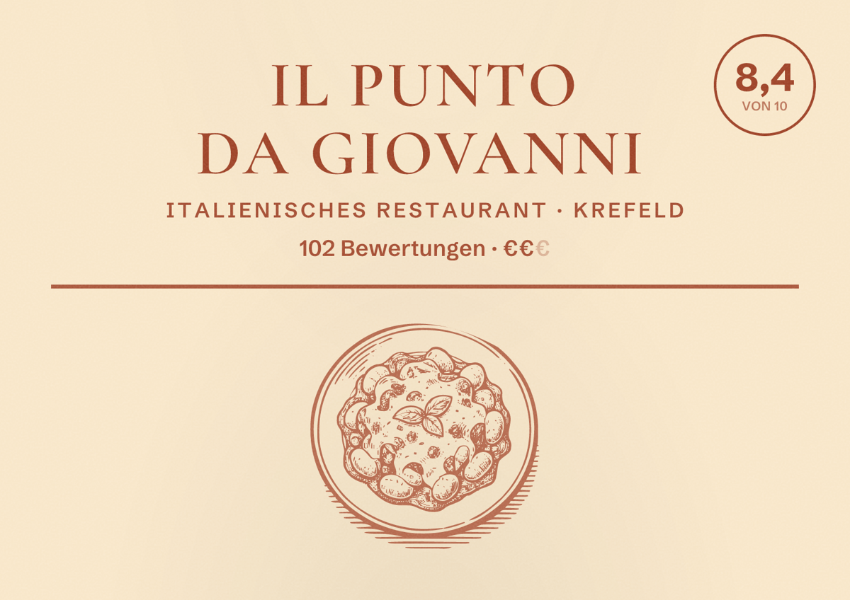 Illustriertes Poster von il Punto da Giovanni, Italienisches Restaurant in Krefeld: Bewertung 8,4 von 10 aus 102 Bewertungen, Preisniveau €€