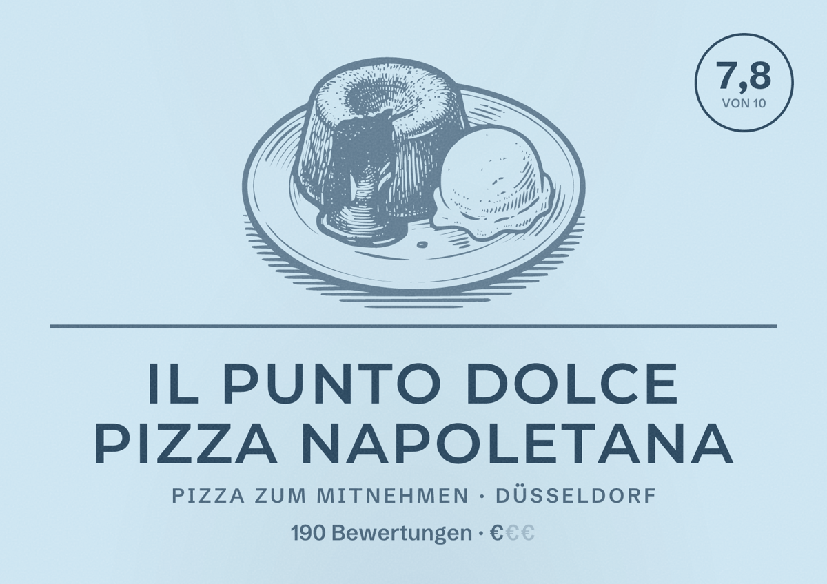 Illustriertes Poster von Il Punto Dolce Pizza Napoletana, Pizza zum Mitnehmen in Düsseldorf: Bewertung 7,8 von 10 aus 190 Bewertungen, Preisniveau €
