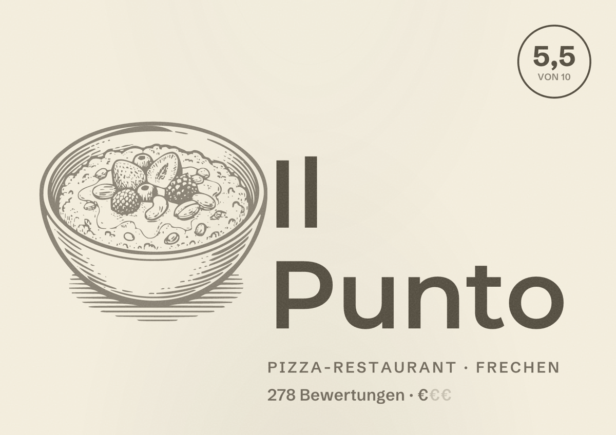Illustriertes Poster von Il Punto, Pizza-Restaurant in Frechen: Bewertung 5,5 von 10 aus 278 Bewertungen, Preisniveau €