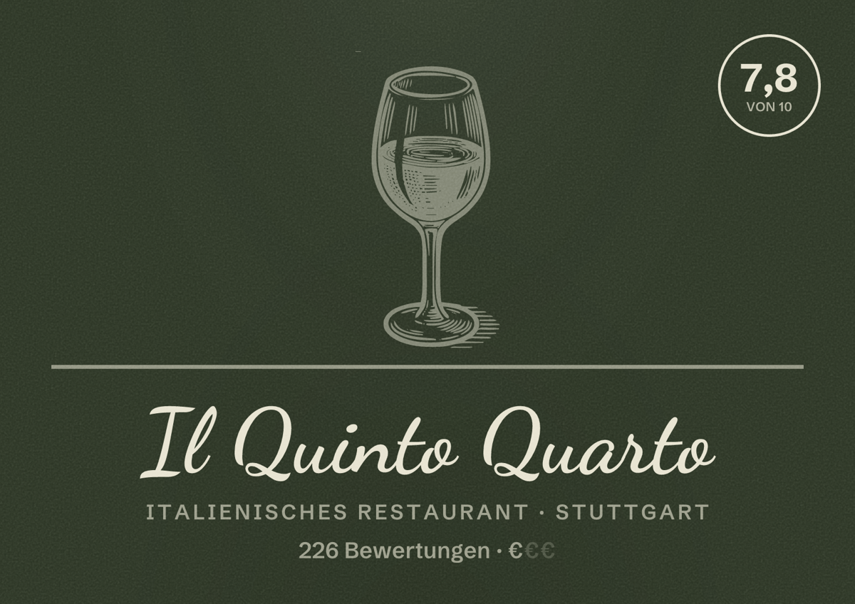 Illustriertes Poster von Il Quinto Quarto, Italienisches Restaurant in Stuttgart: Bewertung 7,8 von 10 aus 226 Bewertungen, Preisniveau €