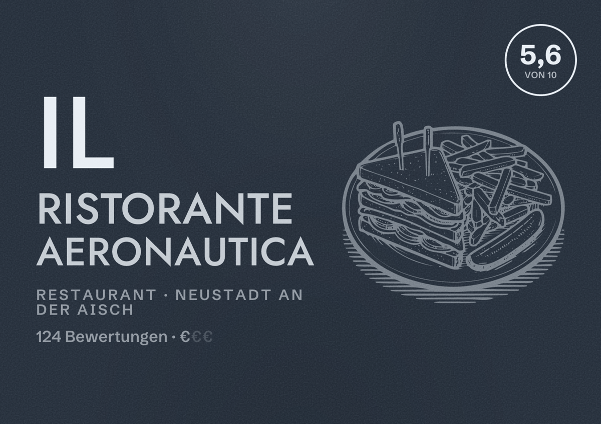 Illustriertes Poster von Il Ristorante Aeronautica, Restaurant in Neustadt an der Aisch: Bewertung 5,6 von 10 aus 124 Bewertungen, Preisniveau €
