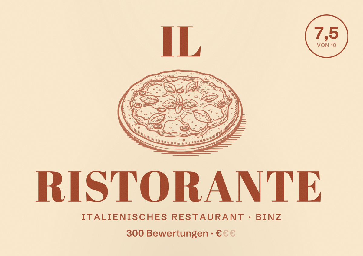 Illustriertes Poster von IL RISTORANTE, Italienisches Restaurant in Binz: Bewertung 7,5 von 10 aus 300 Bewertungen, Preisniveau €
