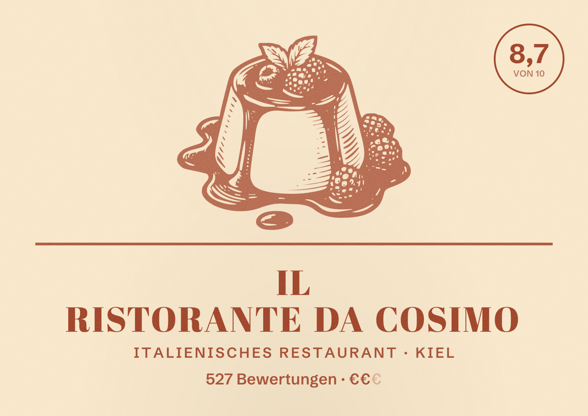 Illustriertes Poster von Il Ristorante Da Cosimo, Italienisches Restaurant in Kiel: Bewertung 8,7 von 10 aus 527 Bewertungen, Preisniveau €€