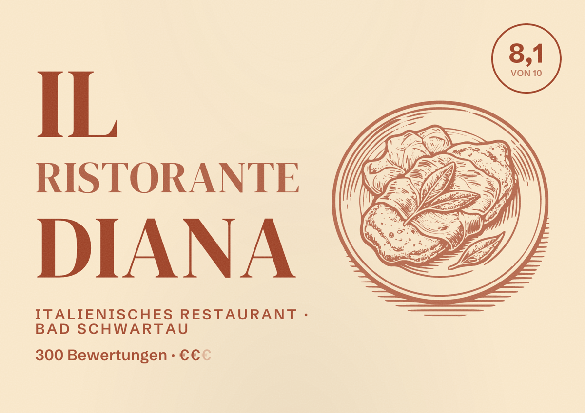 Illustriertes Poster von Il Ristorante Diana, Italienisches Restaurant in Bad Schwartau: Bewertung 8,1 von 10 aus 300 Bewertungen, Preisniveau €€
