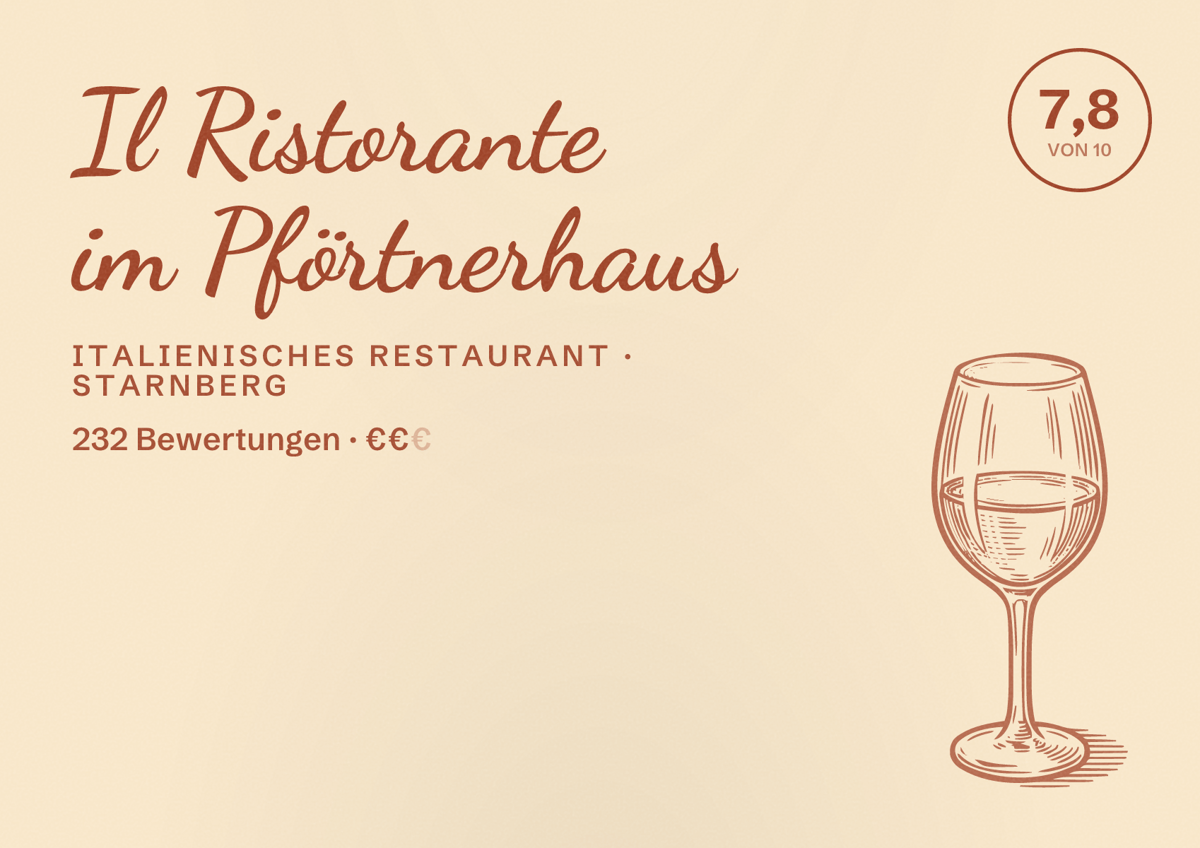 Illustriertes Poster von Il Ristorante im Pförtnerhaus, Italienisches Restaurant in Starnberg: Bewertung 7,8 von 10 aus 232 Bewertungen, Preisniveau €€