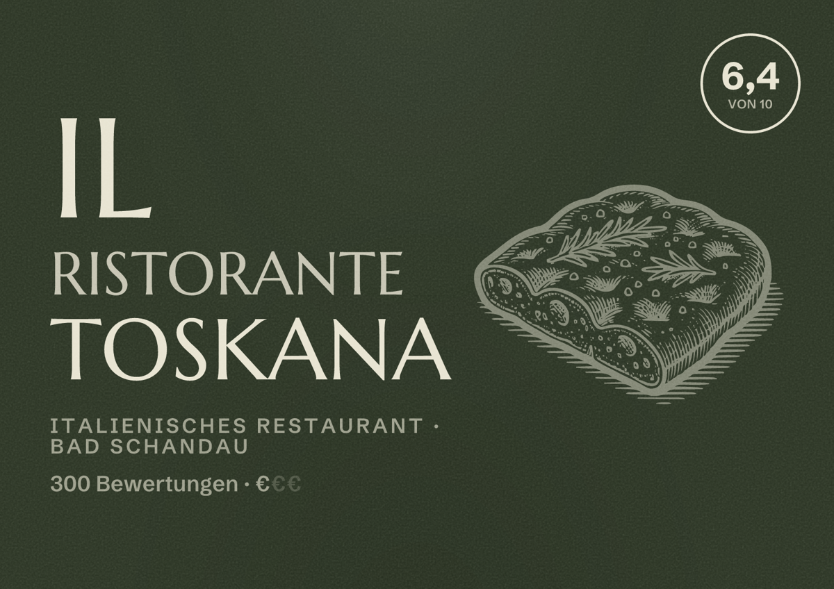 Illustriertes Poster von Il Ristorante Toskana, Italienisches Restaurant in Bad Schandau: Bewertung 6,4 von 10 aus 300 Bewertungen, Preisniveau €