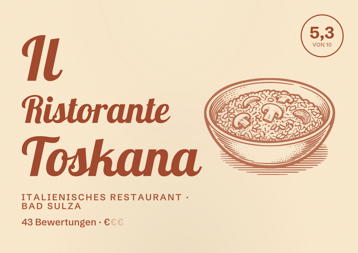 Illustriertes Poster von Il Ristorante Toskana, Italienisches Restaurant in Bad Sulza: Bewertung 5,3 von 10 aus 43 Bewertungen, Preisniveau €