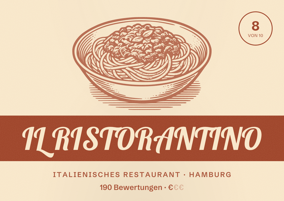 Illustriertes Poster von IL RISTORANTINO, Italienisches Restaurant in Hamburg: Bewertung 8,0 von 10 aus 190 Bewertungen, Preisniveau €
