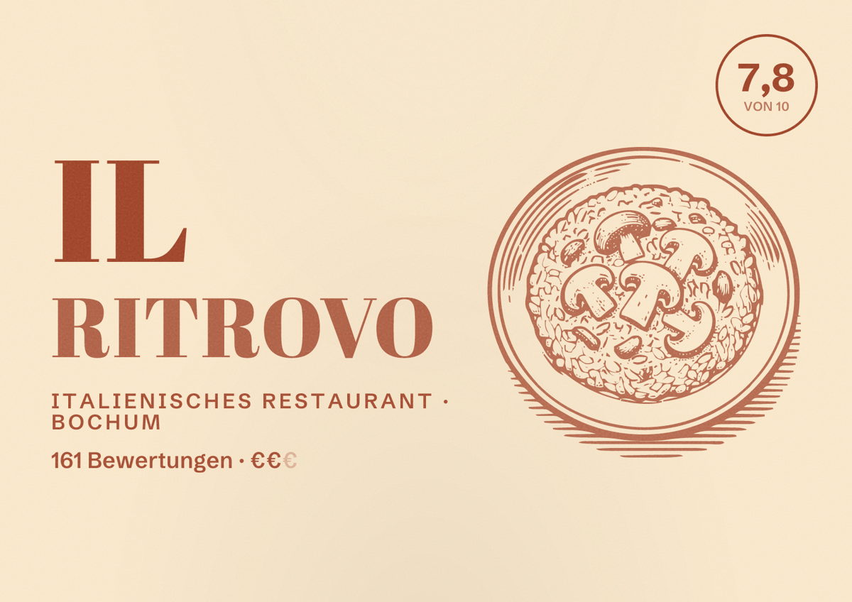 Illustriertes Poster von Il ritrovo, Italienisches Restaurant in Bochum: Bewertung 7,8 von 10 aus 161 Bewertungen, Preisniveau €€
