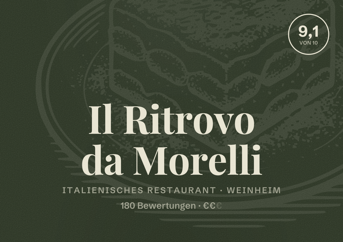 Illustriertes Poster von Il Ritrovo da Morelli, Italienisches Restaurant in Weinheim: Bewertung 9,1 von 10 aus 180 Bewertungen, Preisniveau €€