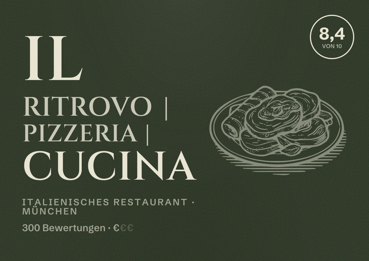 Illustriertes Poster von Il Ritrovo | Pizzeria | Cucina, Italienisches Restaurant in München: Bewertung 8,4 von 10 aus 300 Bewertungen, Preisniveau €