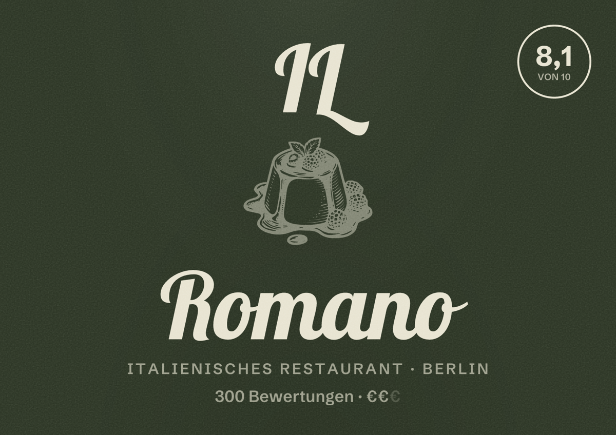 Illustriertes Poster von IL Romano, Italienisches Restaurant in Berlin: Bewertung 8,1 von 10 aus 300 Bewertungen, Preisniveau €€