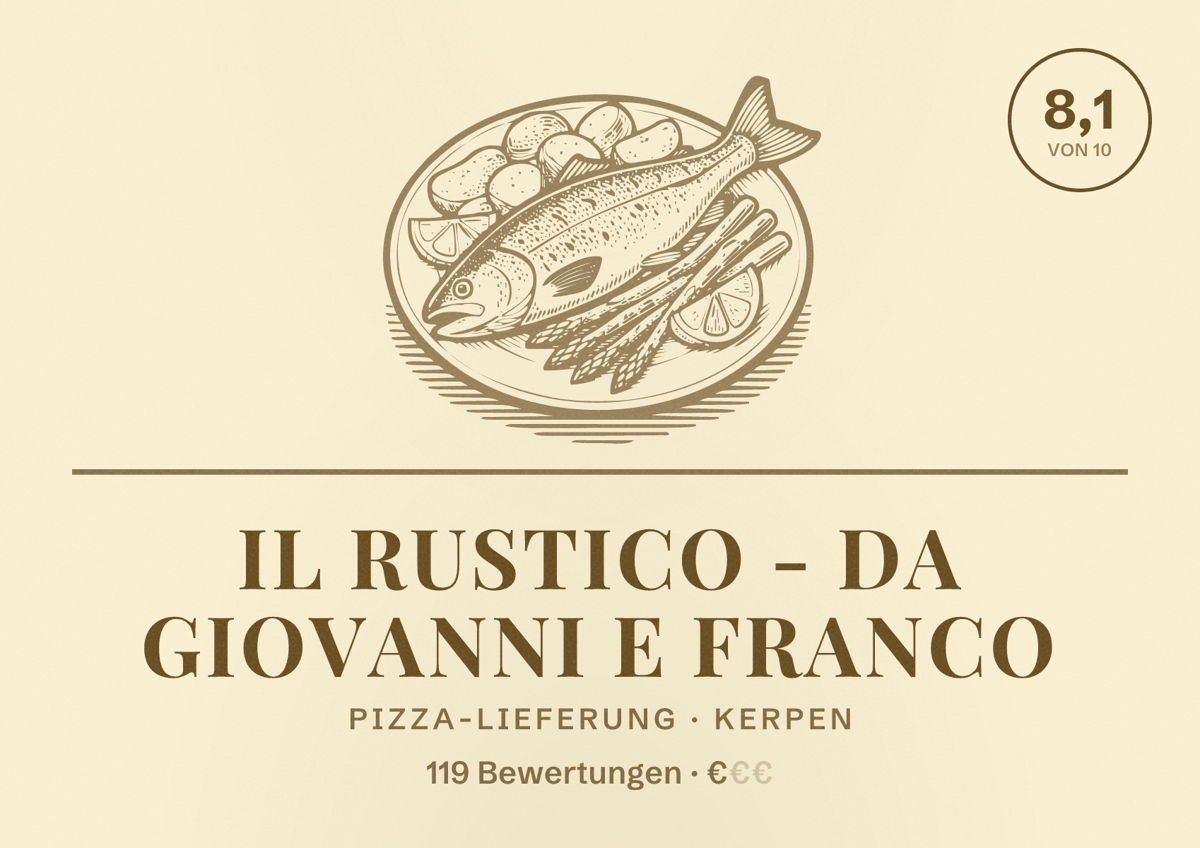 Illustriertes Poster von Il Rustico - da Giovanni e Franco, Pizza-Lieferung in Kerpen: Bewertung 8,1 von 10 aus 119 Bewertungen, Preisniveau €