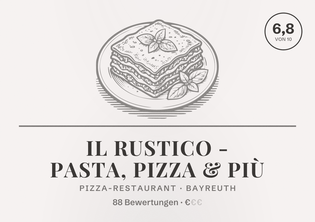 Illustriertes Poster von Il Rustico - Pasta, Pizza & Più, Pizza-Restaurant in Bayreuth: Bewertung 6,8 von 10 aus 88 Bewertungen, Preisniveau €