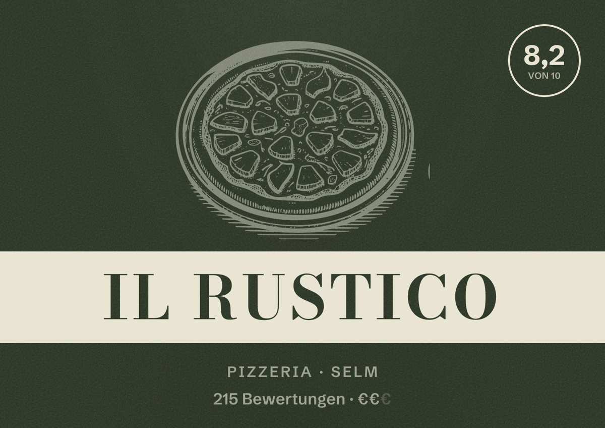 Illustriertes Poster von Il Rustico, Pizzeria in Selm: Bewertung 8,2 von 10 aus 215 Bewertungen, Preisniveau €€