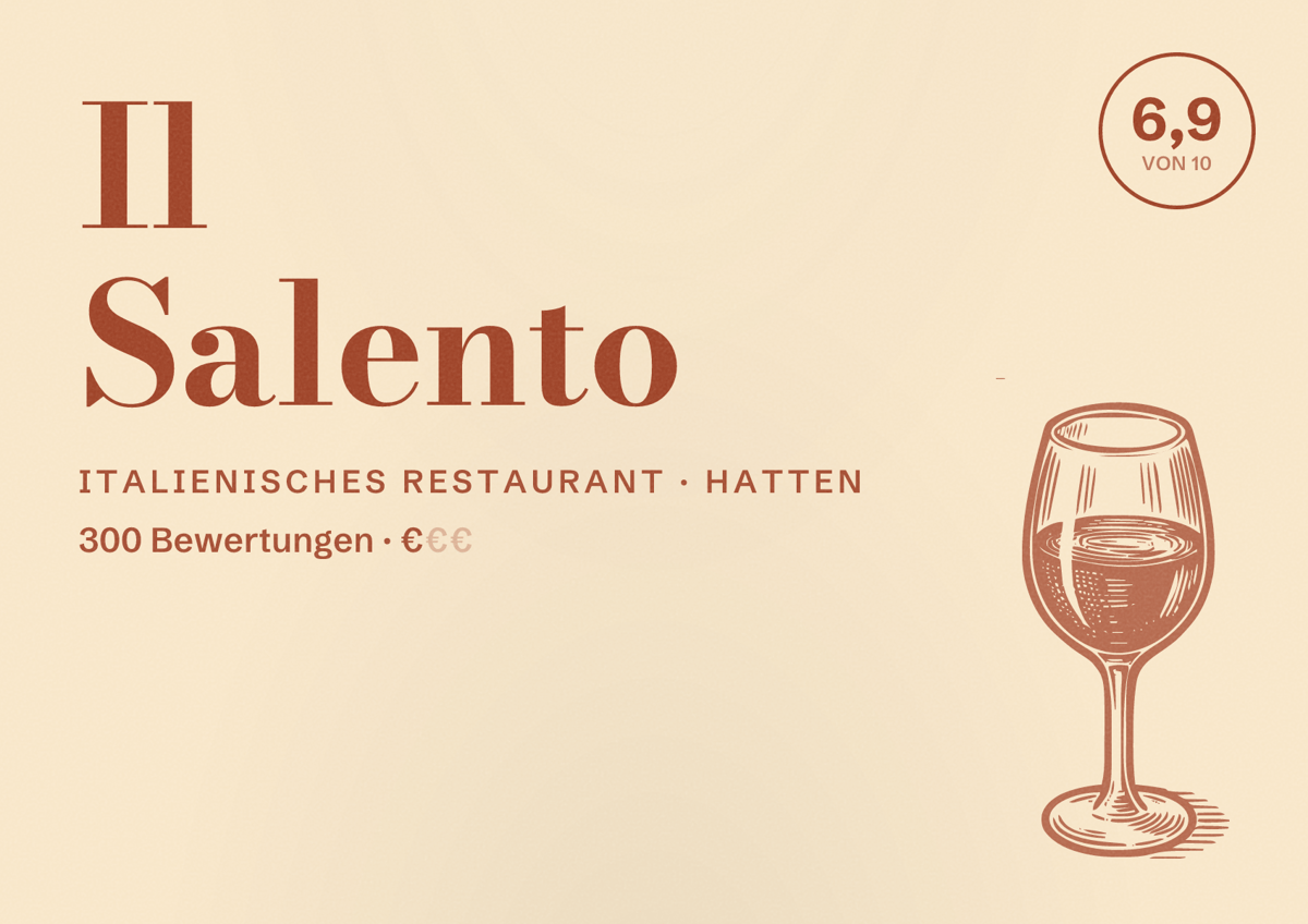 Illustriertes Poster von Il Salento, Italienisches Restaurant in Hatten: Bewertung 6,9 von 10 aus 300 Bewertungen, Preisniveau €