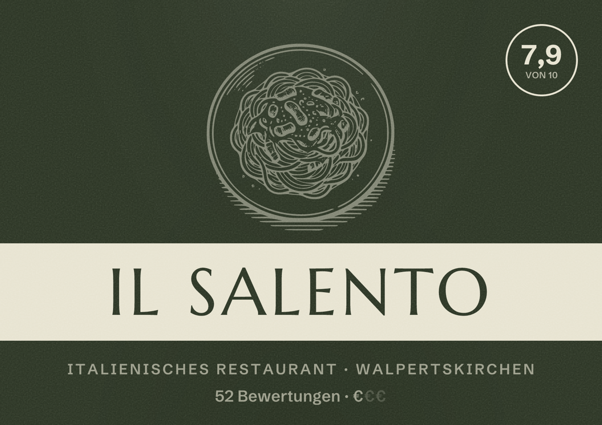 Illustriertes Poster von Il Salento, Italienisches Restaurant in Walpertskirchen: Bewertung 7,9 von 10 aus 52 Bewertungen, Preisniveau €