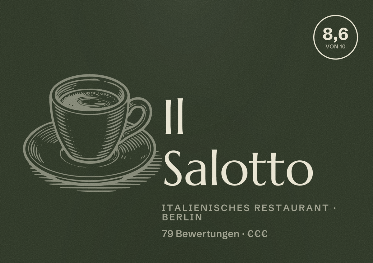 Illustriertes Poster von Il Salotto, Italienisches Restaurant in Berlin: Bewertung 8,6 von 10 aus 79 Bewertungen, Preisniveau €€€