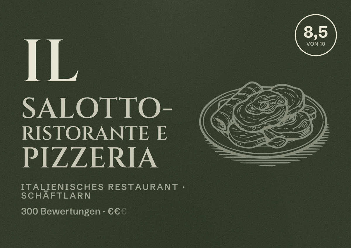 Illustriertes Poster von Il Salotto- Ristorante e Pizzeria, Italienisches Restaurant in Schäftlarn: Bewertung 8,5 von 10 aus 300 Bewertungen, Preisniveau €€