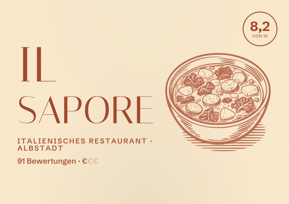 Illustriertes Poster von Il Sapore, Italienisches Restaurant in Albstadt: Bewertung 8,2 von 10 aus 91 Bewertungen, Preisniveau €