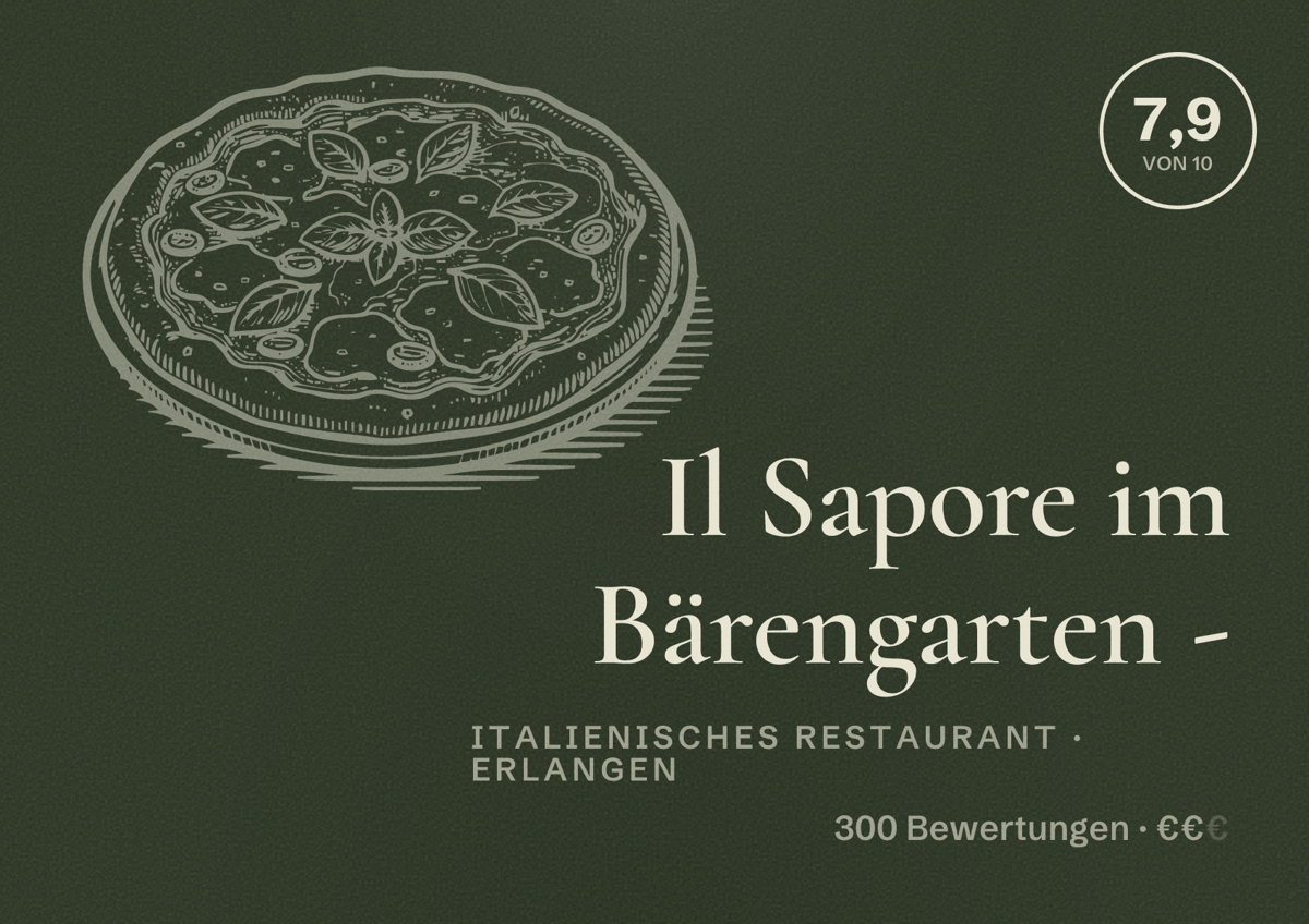 Illustriertes Poster von Il Sapore im Bärengarten -, Italienisches Restaurant in Erlangen: Bewertung 7,9 von 10 aus 300 Bewertungen, Preisniveau €€