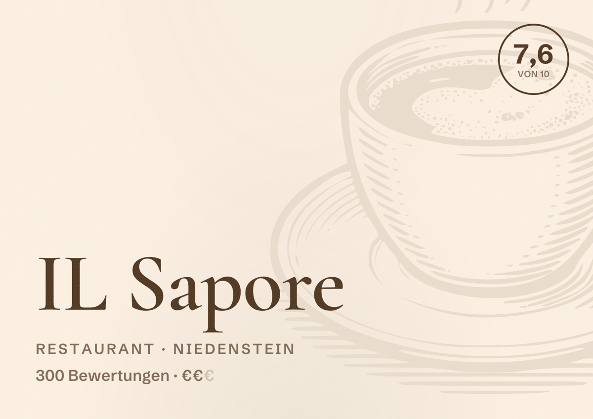 Illustriertes Poster von IL Sapore, Restaurant in Niedenstein: Bewertung 7,6 von 10 aus 300 Bewertungen, Preisniveau €€