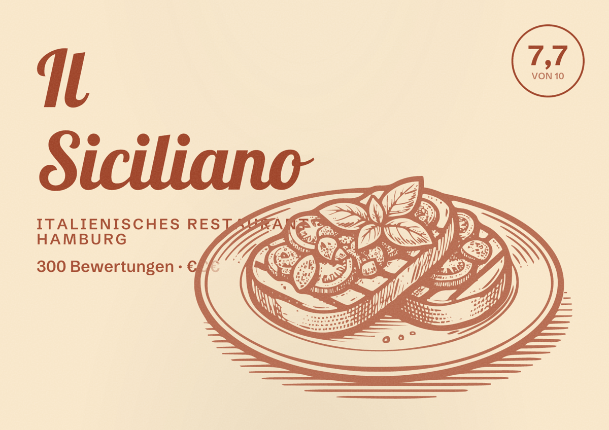 Illustriertes Poster von Il Siciliano, Italienisches Restaurant in Hamburg: Bewertung 7,7 von 10 aus 300 Bewertungen, Preisniveau €