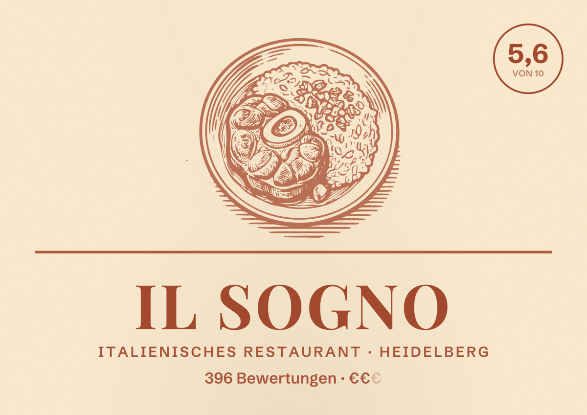 Illustriertes Poster von Il Sogno, Italienisches Restaurant in Heidelberg: Bewertung 5,6 von 10 aus 396 Bewertungen, Preisniveau €€