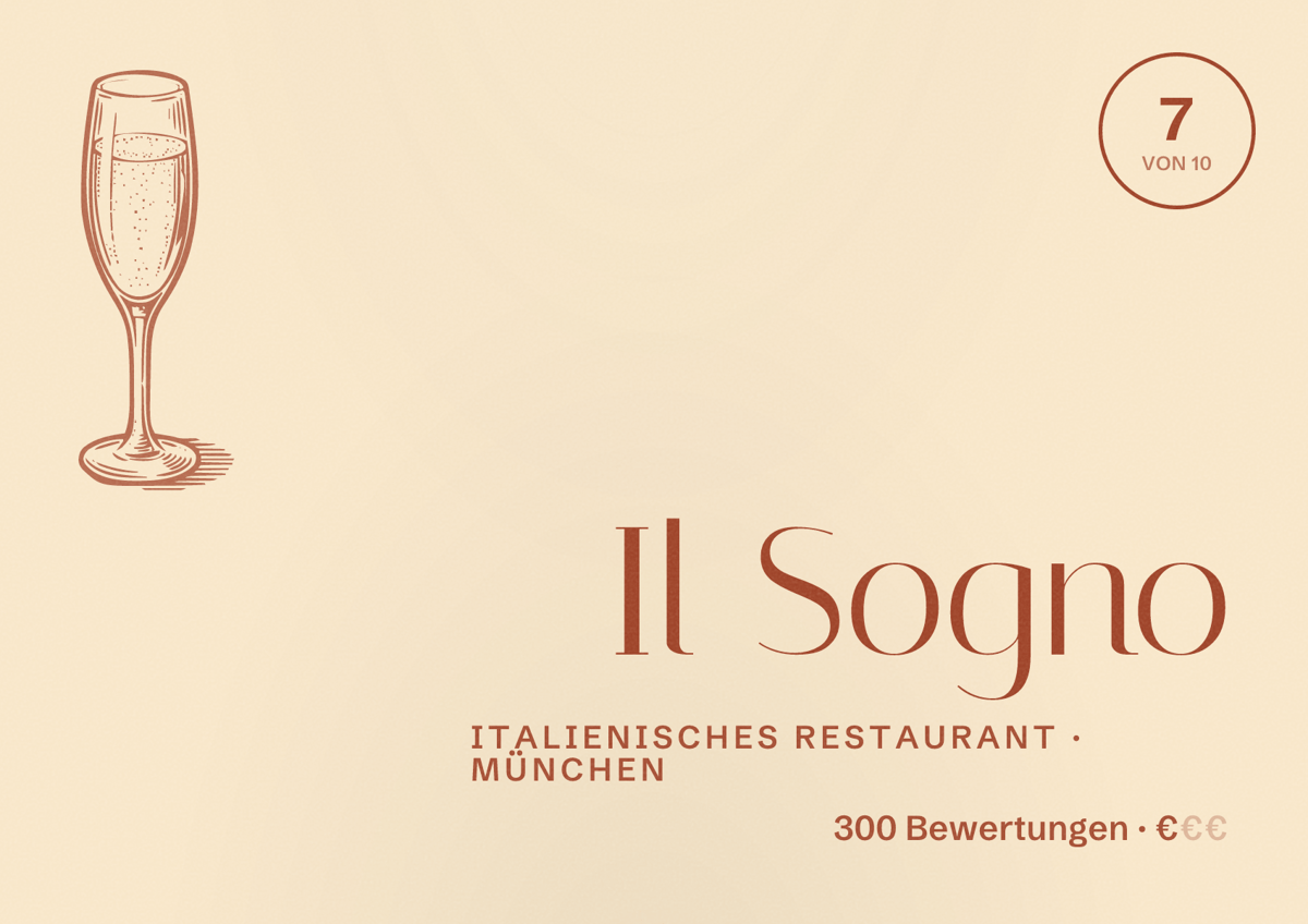 Illustriertes Poster von Il Sogno, Italienisches Restaurant in München: Bewertung 7 von 10 aus 300 Bewertungen, Preisniveau €