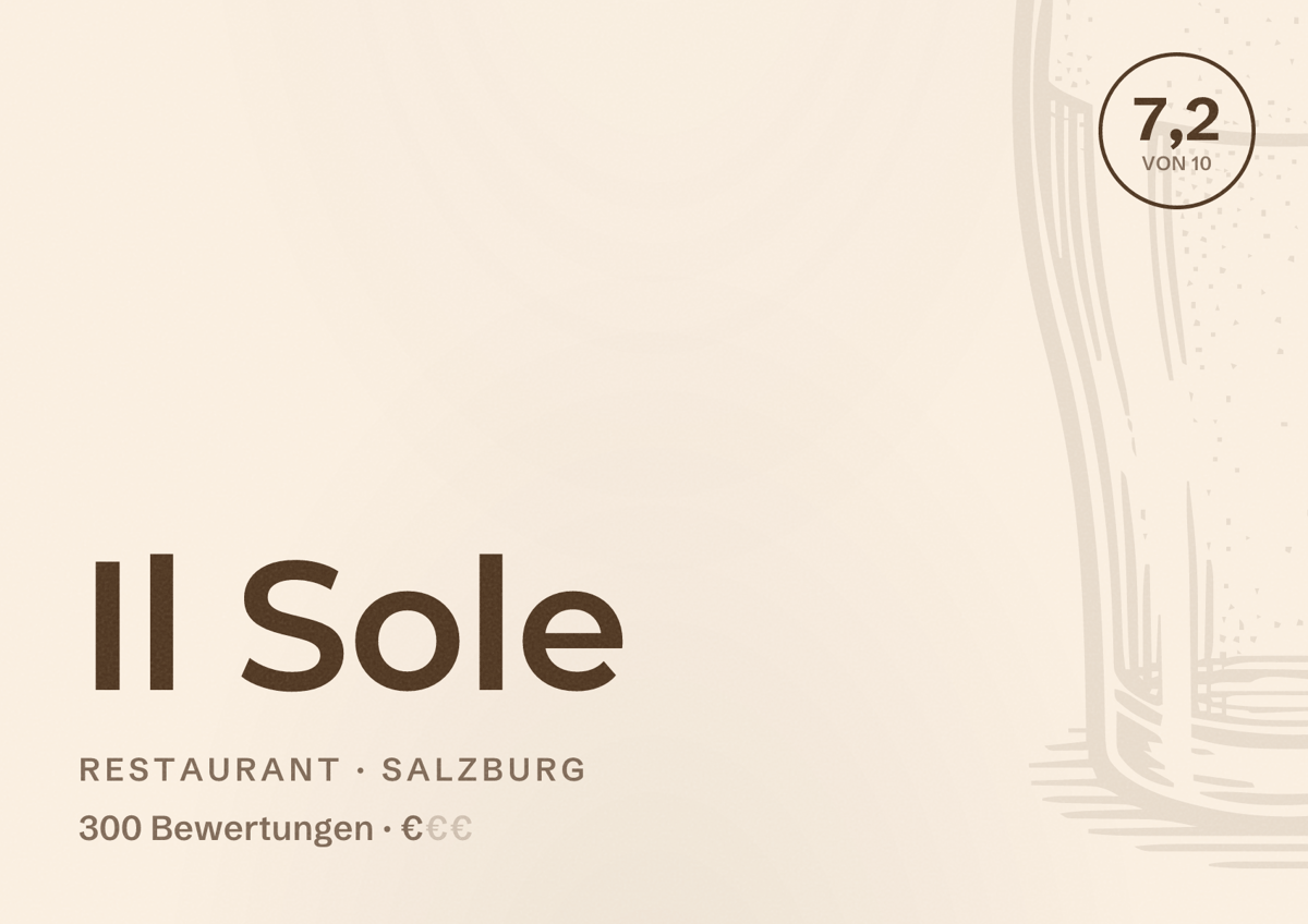 Illustriertes Poster von Il Sole, Restaurant in Salzburg: Bewertung 7,2 von 10 aus 300 Bewertungen, Preisniveau €