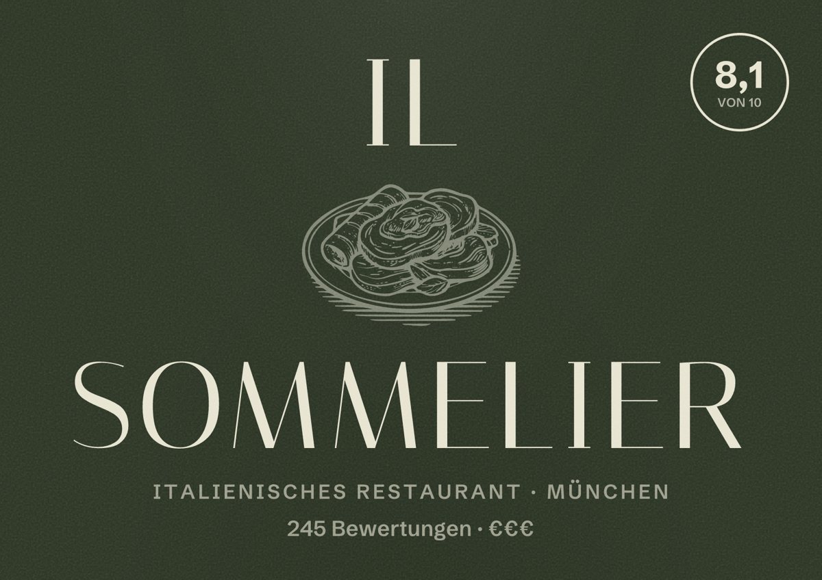 Illustriertes Poster von Il Sommelier, Italienisches Restaurant in München: Bewertung 8,1 von 10 aus 245 Bewertungen, Preisniveau €€€