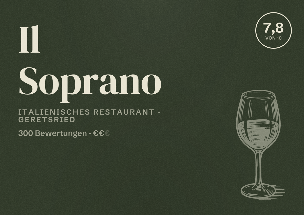 Illustriertes Poster von Il Soprano, Italienisches Restaurant in Geretsried: Bewertung 7,8 von 10 aus 300 Bewertungen, Preisniveau €€
