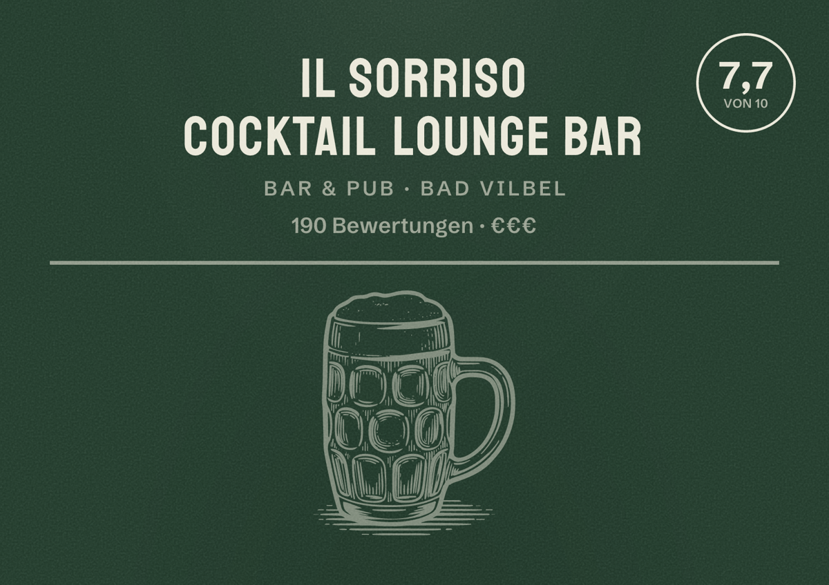 Illustriertes Poster von Il Sorriso Cocktail Lounge Bar, Bar & Pub in Bad Vilbel: Bewertung 7,7 von 10 aus 190 Bewertungen, Preisniveau €€€