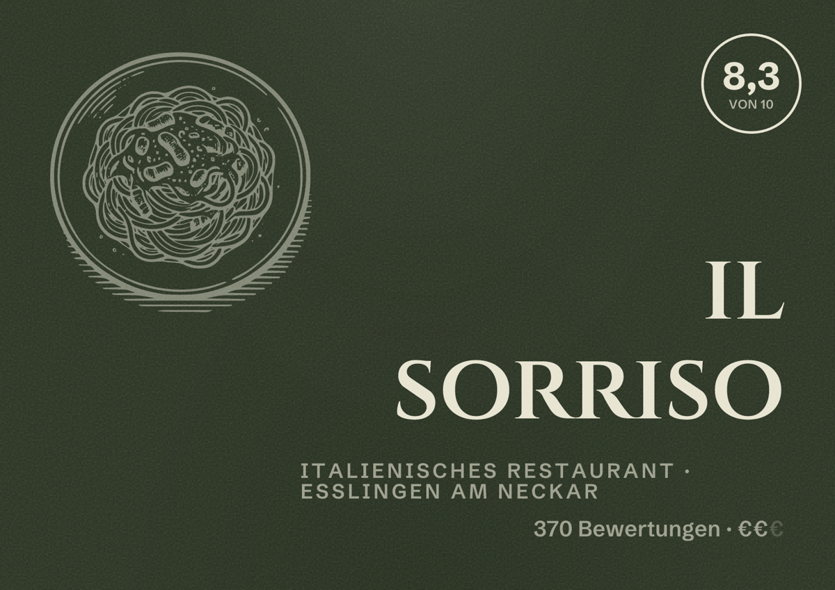 Illustriertes Poster von il sorriso, Italienisches Restaurant in Esslingen am Neckar: Bewertung 8,3 von 10 aus 370 Bewertungen, Preisniveau €€