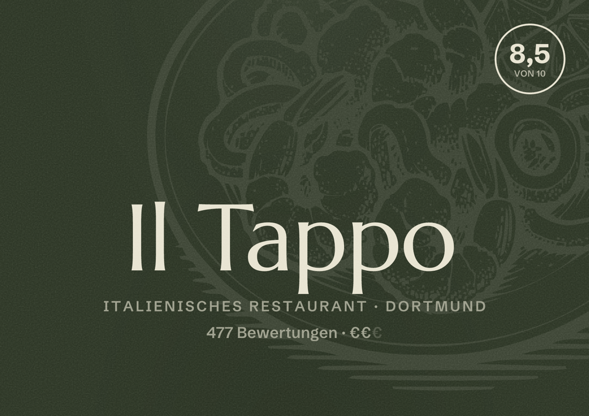 Illustriertes Poster von Il Tappo, Italienisches Restaurant in Dortmund: Bewertung 8,5 von 10 aus 477 Bewertungen, Preisniveau €€