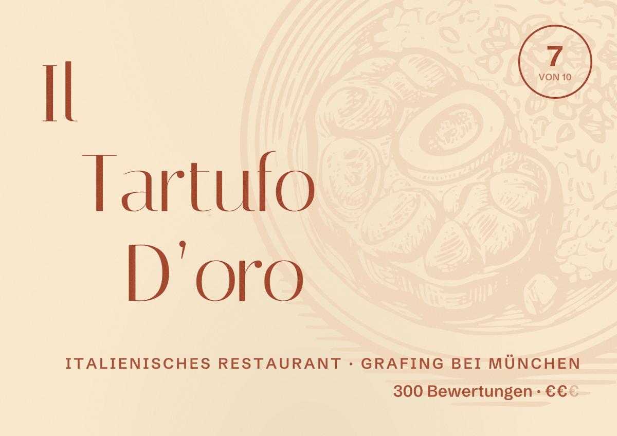 Illustriertes Poster von Il Tartufo D’oro, Italienisches Restaurant in Grafing bei München: Bewertung 7 von 10 aus 300 Bewertungen, Preisniveau €€