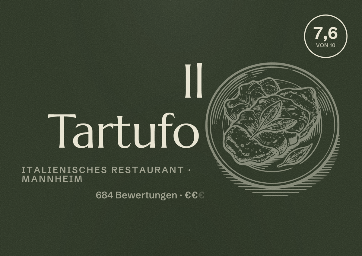 Illustriertes Poster von Il Tartufo, Italienisches Restaurant in Mannheim: Bewertung 7,6 von 10 aus 684 Bewertungen, Preisniveau €€